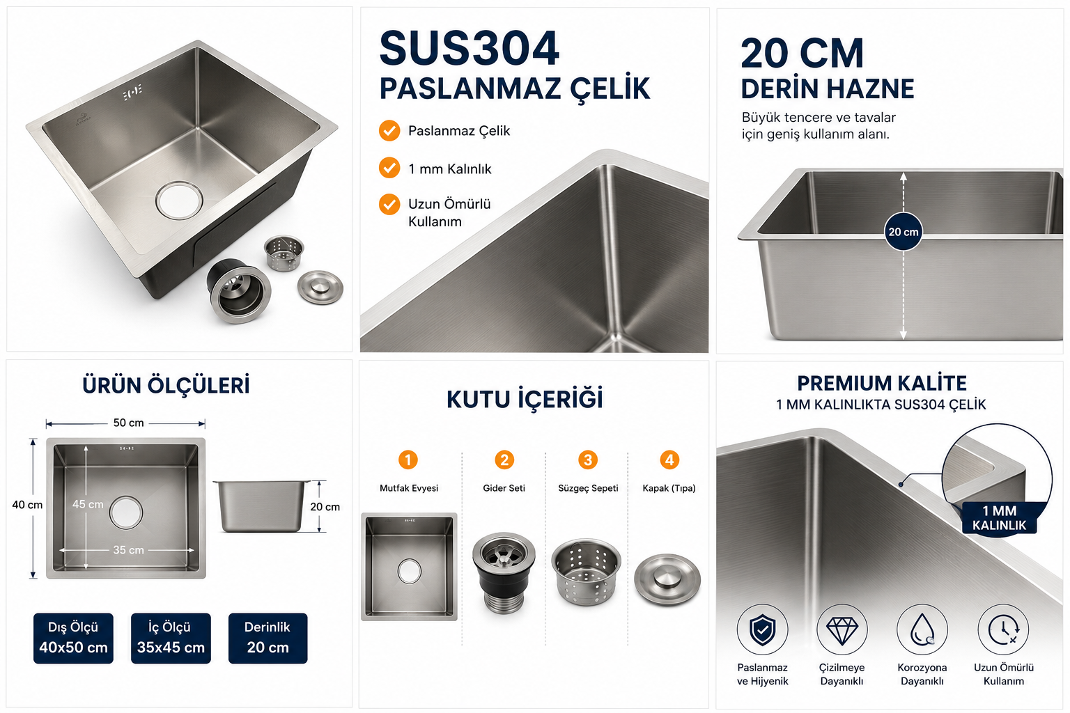 Compact 40X50 cm Inox Mutfak Evyesi – SUS304 Paslanmaz Çelik | 1 mm Kalınlık | 20 cm Derin Hazne